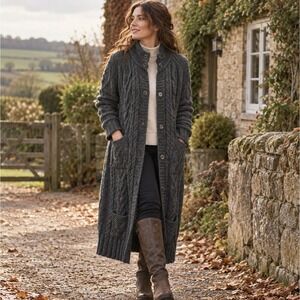 WoolOvers 100% British Wool Cable Knit Long Cardigan Sweater Charcoal Gray XL
